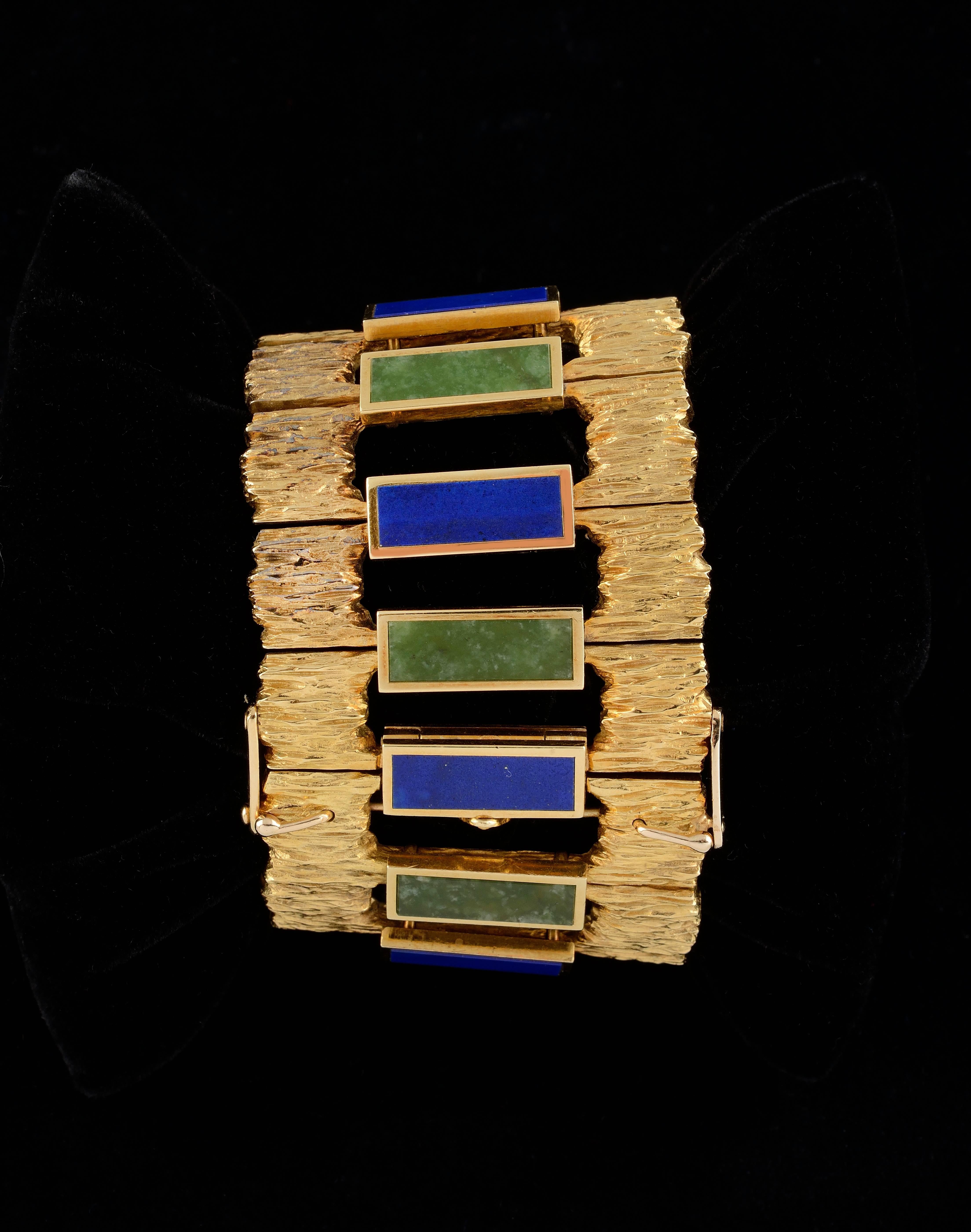 PIAGET Yellow Gold Lapis Lazuli and Nephrite Cuff Watch Circa 1970. 