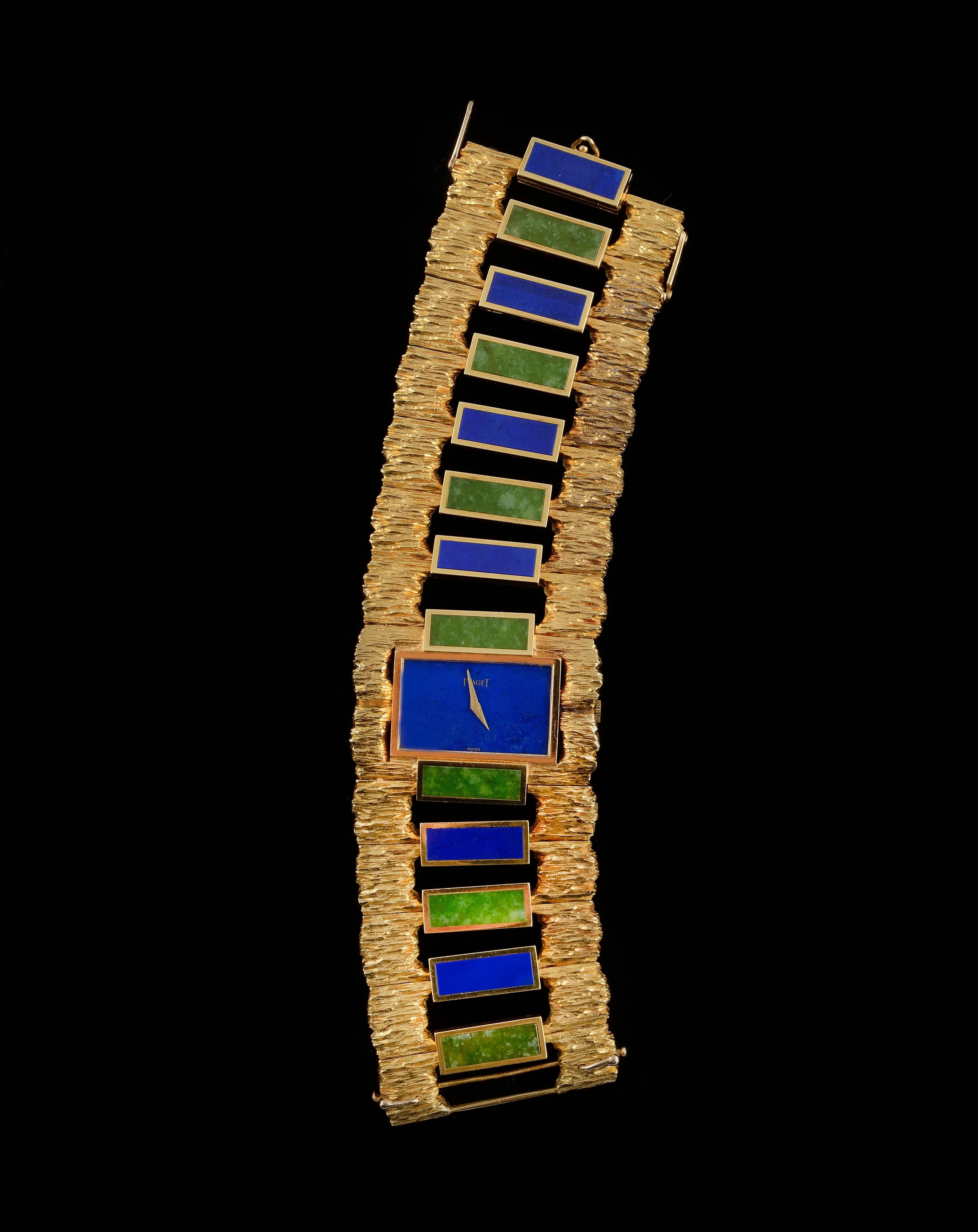 Contemporary Piaget Ladies Yellow Gold Lapis Lazuli Nephrite Cuff Wristwatch, circa 1970