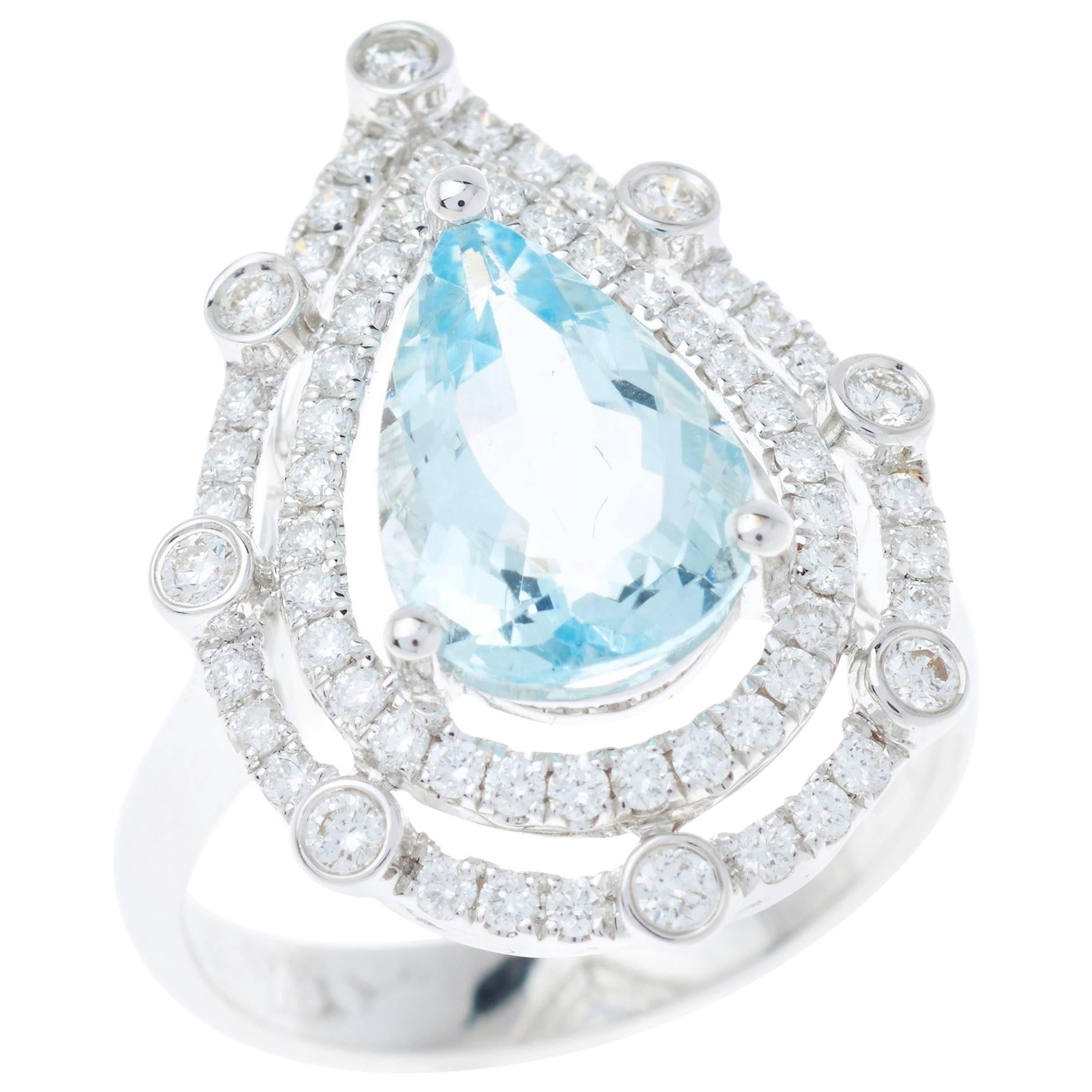 Aquamarine Diamond Double Halo Brilliant Cut Pear Shaped 18 Carat White Gold Dress Ring  