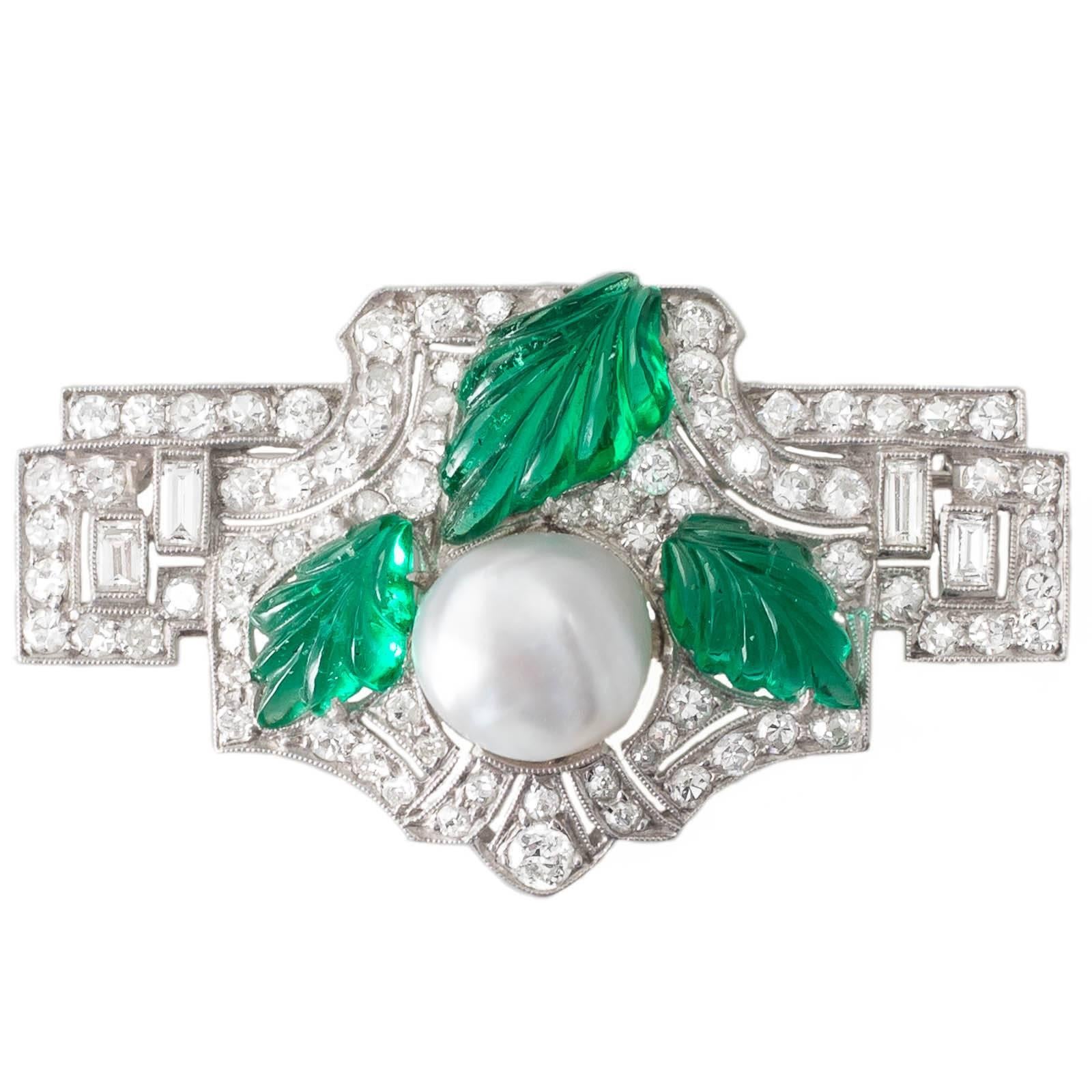 Art Deco Natural Pearl Emerald Platinum Brooch