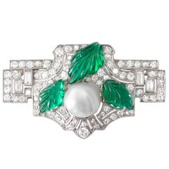 Art Deco Natural Pearl Emerald Platinum Brooch 6