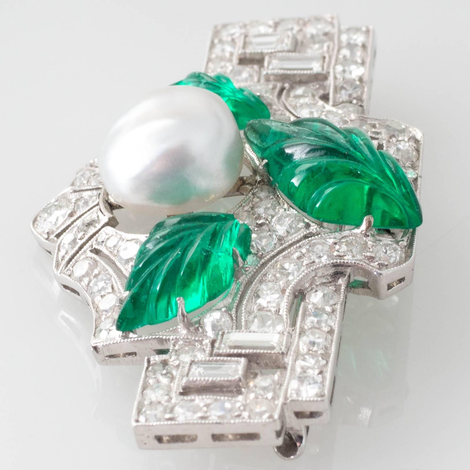 Art Deco Natural Pearl Emerald Platinum Brooch 1