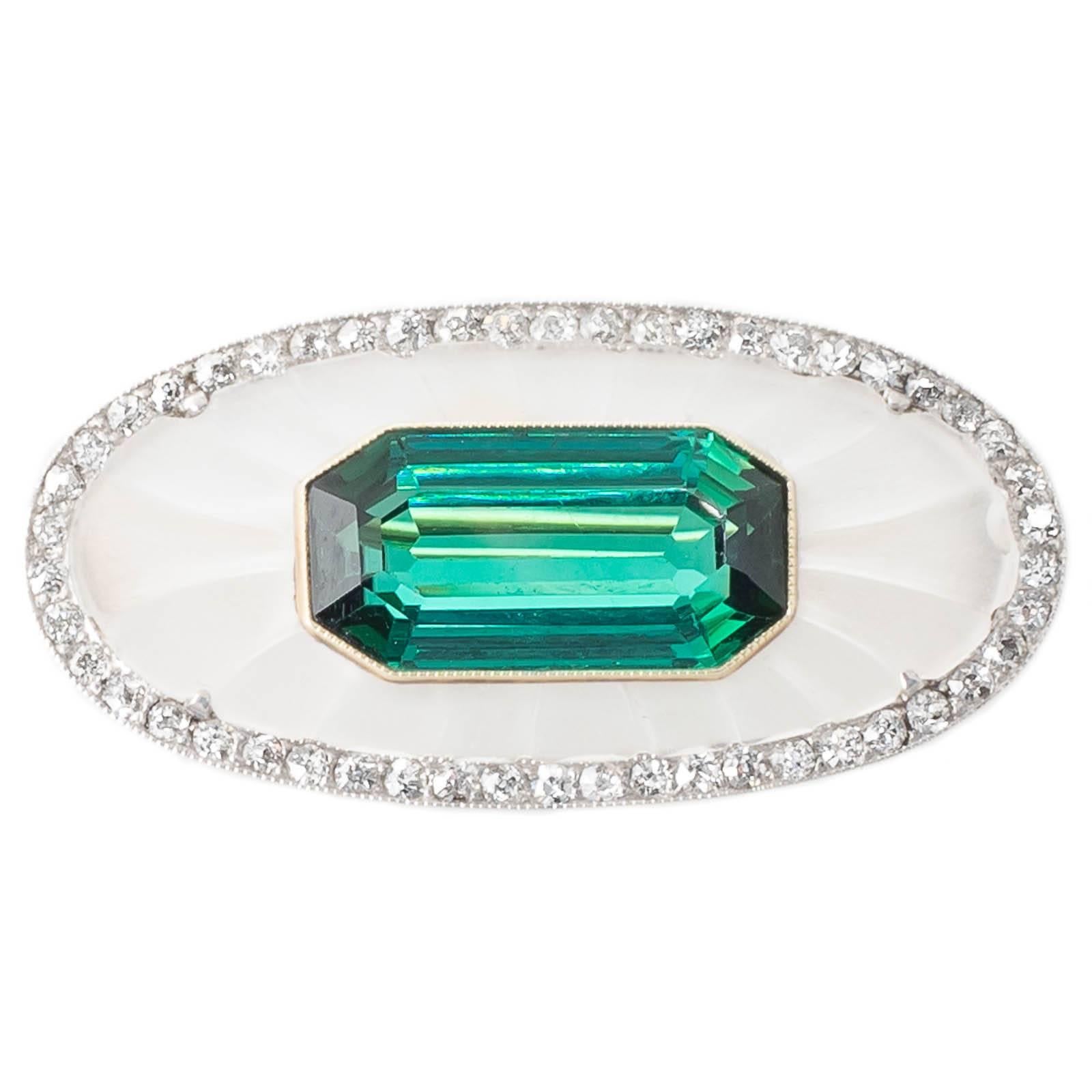 Art Deco Crystal Green Tourmaline Diamond Yellow Gold Platinum Brooch For Sale