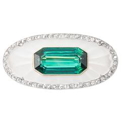 Art Deco Crystal Green Tourmaline Diamond Yellow Gold Platinum Brooch