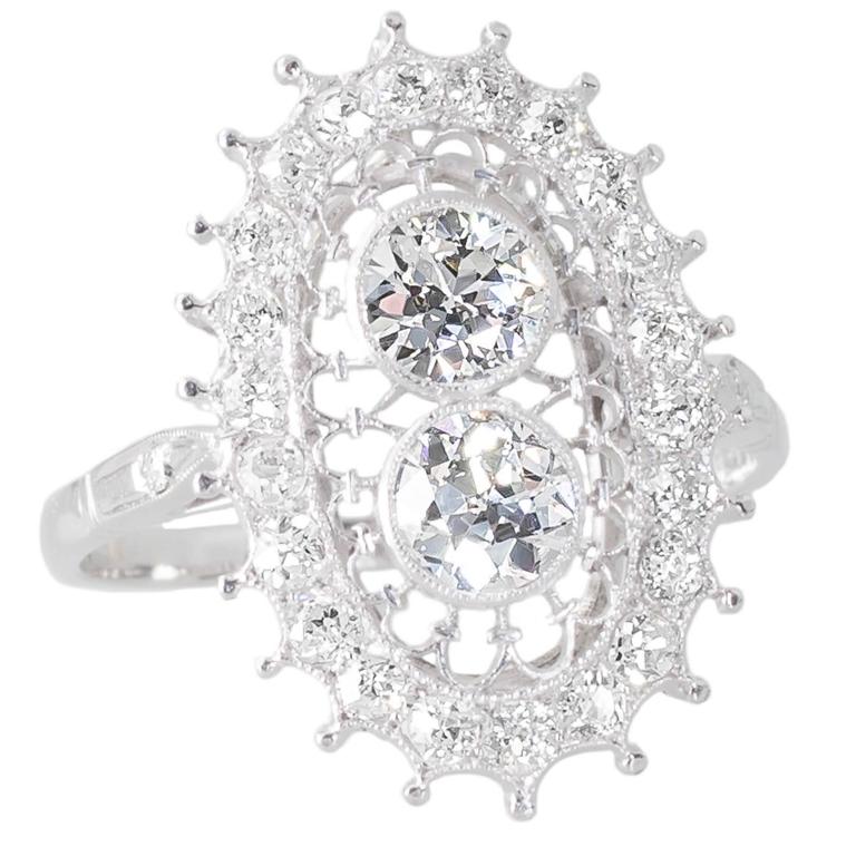 Antique Diamond White Gold Plaque Filigree Ring For Sale at 1stDibs