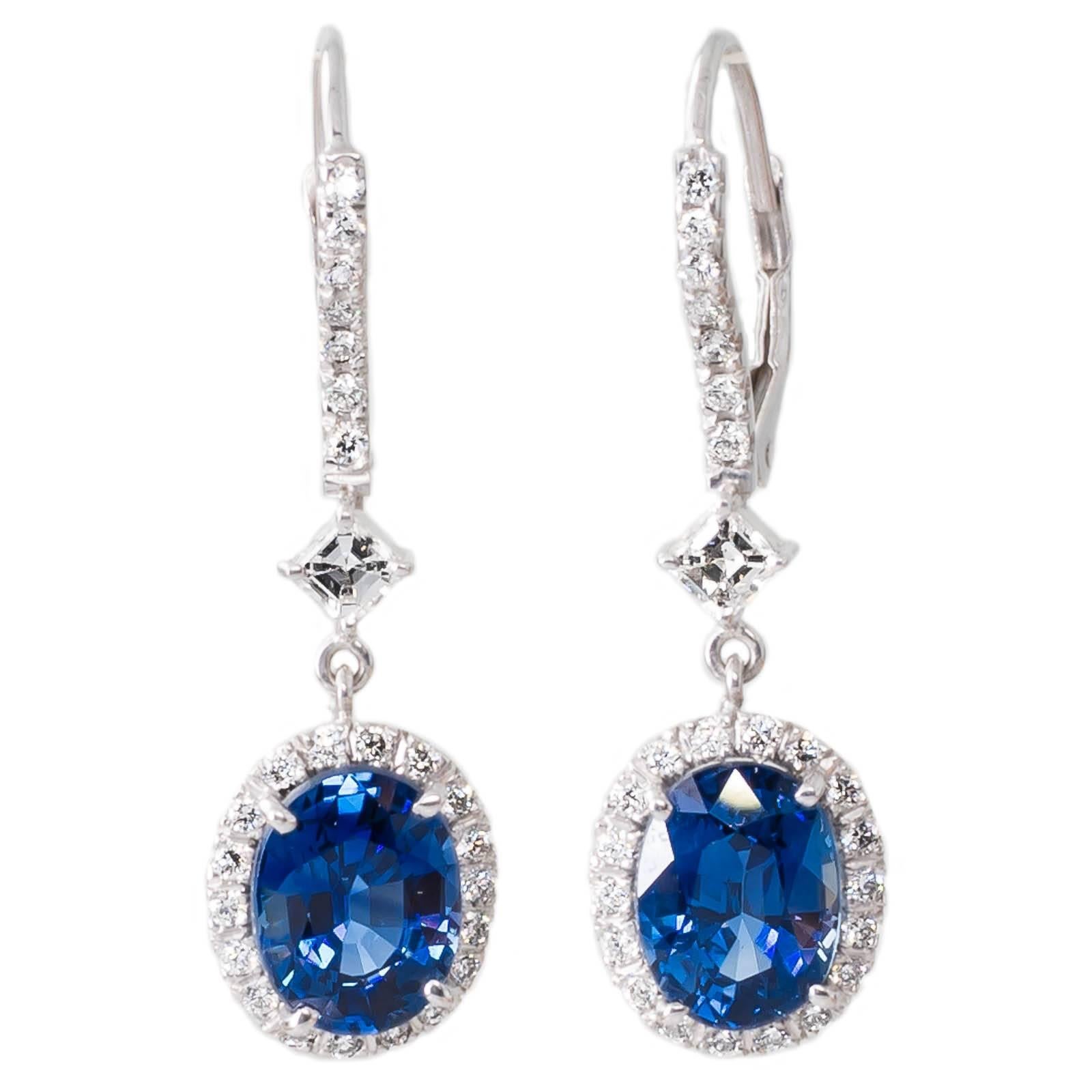 Unheated Blue Oval Sapphire and Diamond Drop Earrings GIA Certified