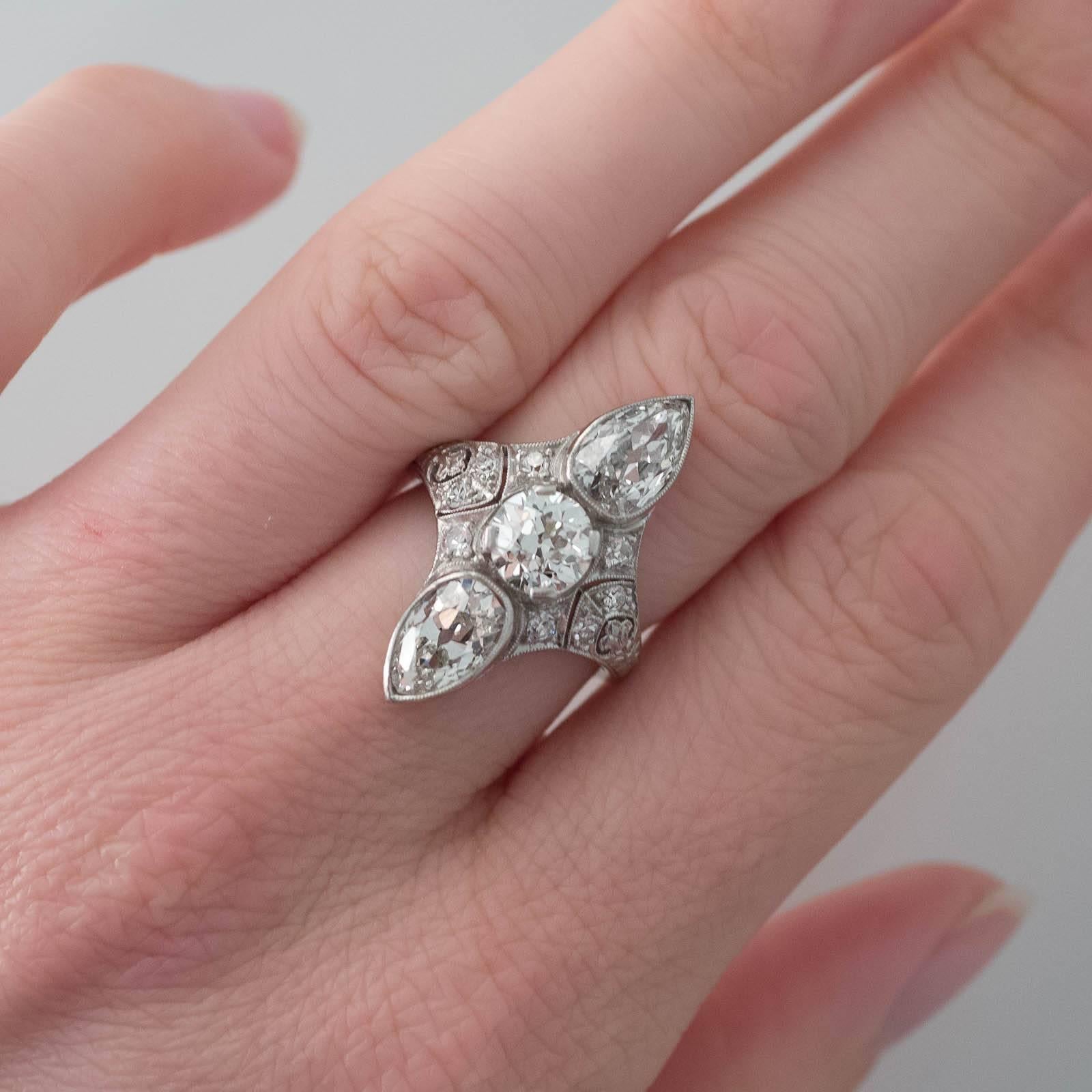 Art Deco Diamond and Platinum Pear Cut Transition Cut Cocktail Ring For Sale 2