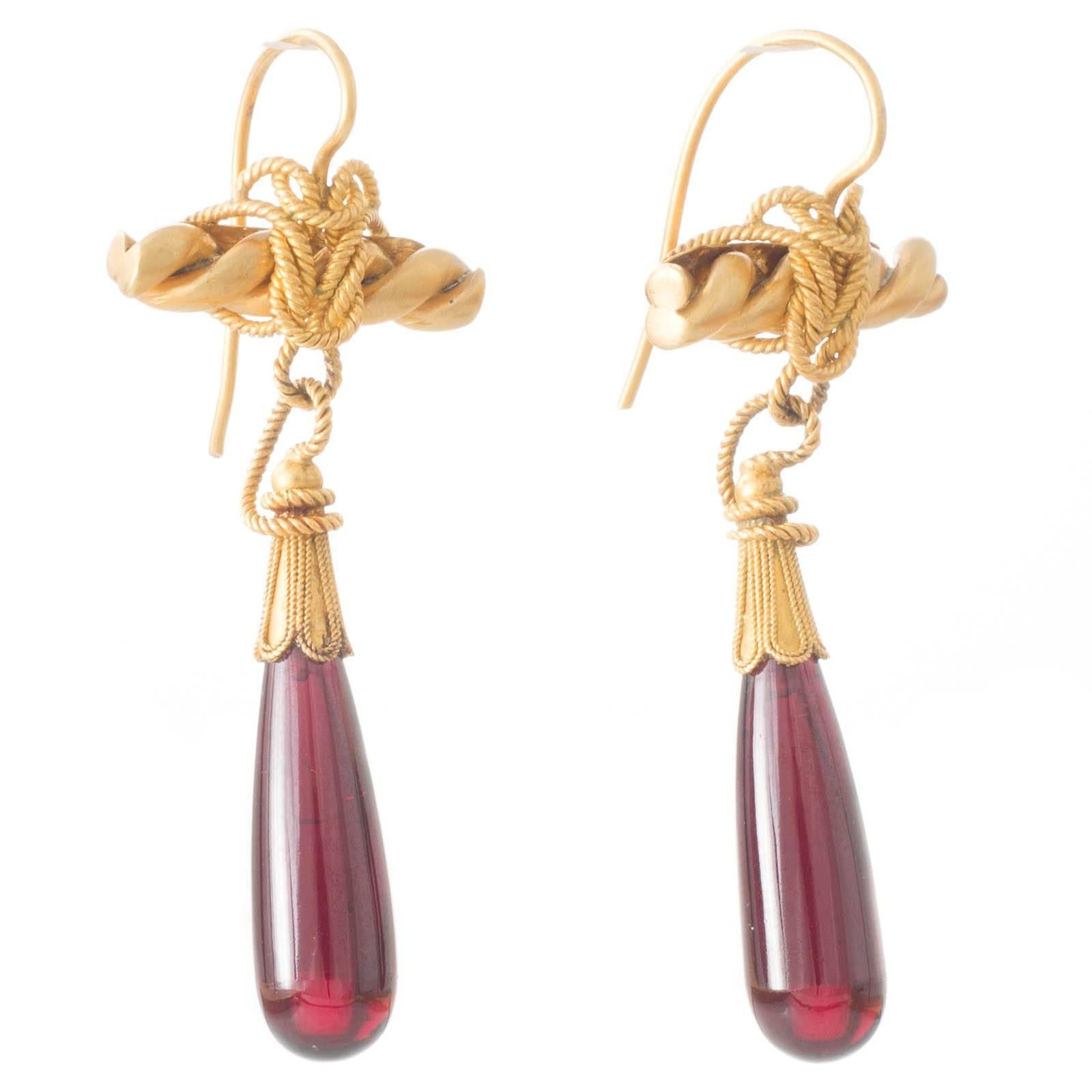 Women's Antique Victorian Gold Drop Earrings with Ropework and Garnets For Sale