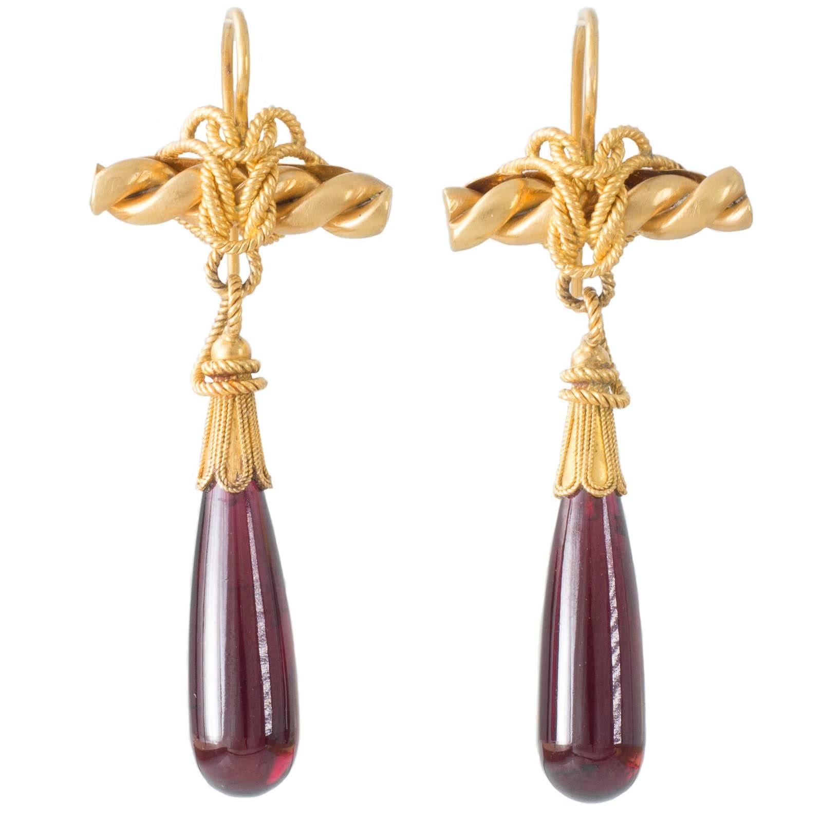 Antique Victorian Gold Drop Earrings with Ropework and Garnets For Sale