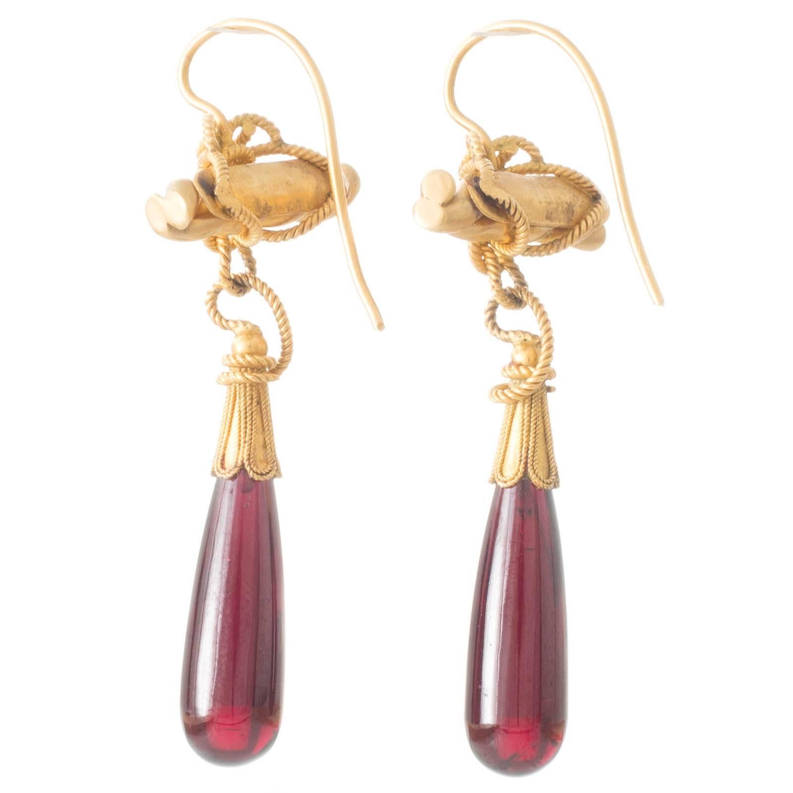 Antique Victorian Gold Drop Earrings with Ropework and Garnets For Sale 1