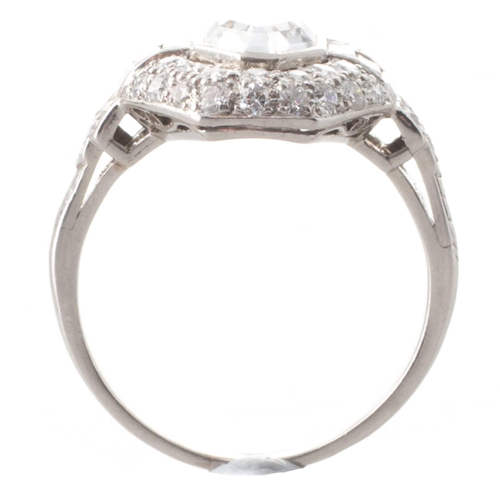 Baguette Cut French Art Deco Diamond Platinum Plaque Ring with Modified Baroness Cut Diamond For Sale