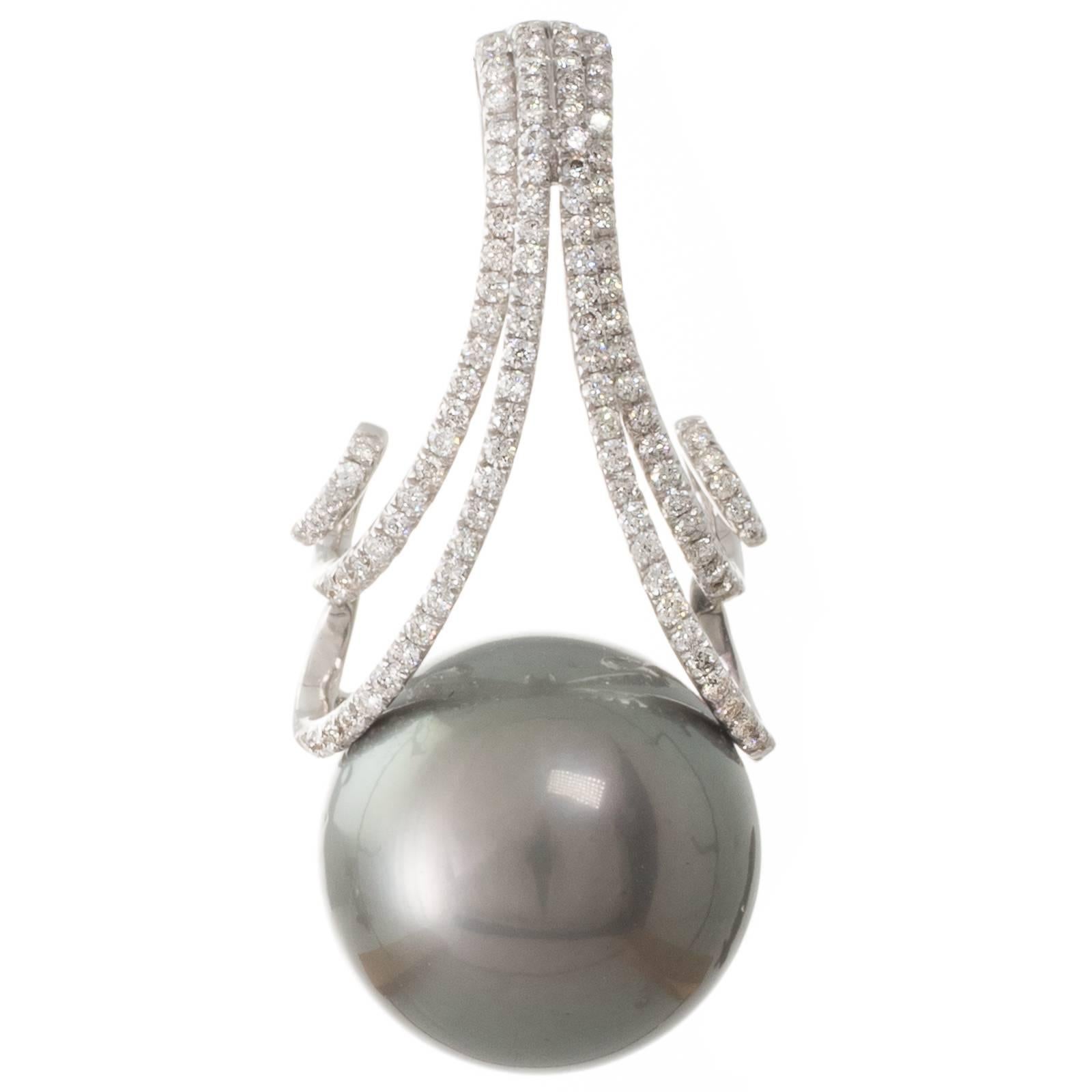 Large Round Tahitian South Sea Pearl and Diamond Pendant For Sale