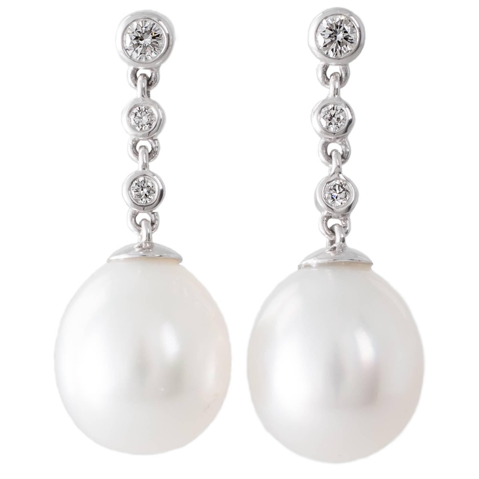 Australian White South Sea Pearl and Diamond Drop Earrings For Sale