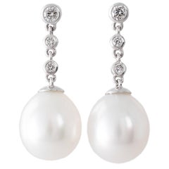 Australian White South Sea Pearl and Diamond Drop Earrings