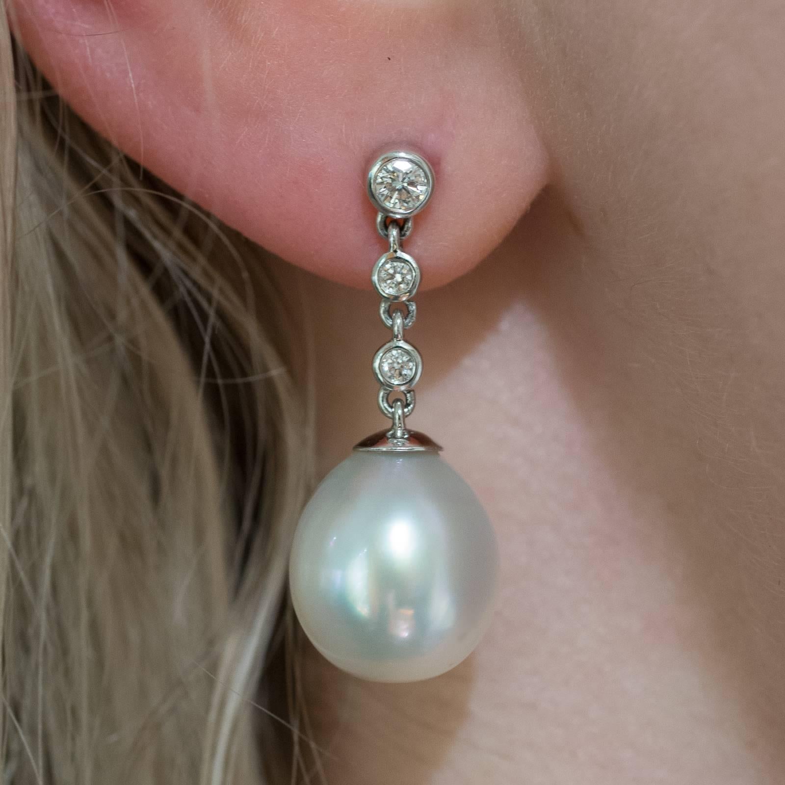 Art Deco Australian White South Sea Pearl and Diamond Drop Earrings For Sale