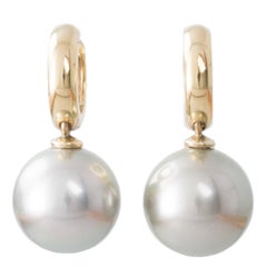 Silver Grey Round Tahitian South Sea Pearl and Gold Huggie Earrings