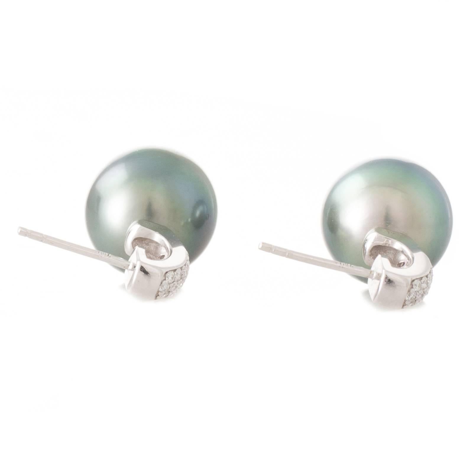 Drop Shaped Blue Green Tahitian South Sea Pearl Diamond Earrings In New Condition In Melbourne, AU