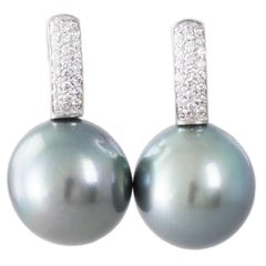 Drop Shaped Blue Green Tahitian South Sea Pearl Diamond Earrings