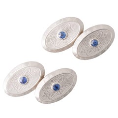 Antique Sapphire Platinum and Gold Oval Cufflinks