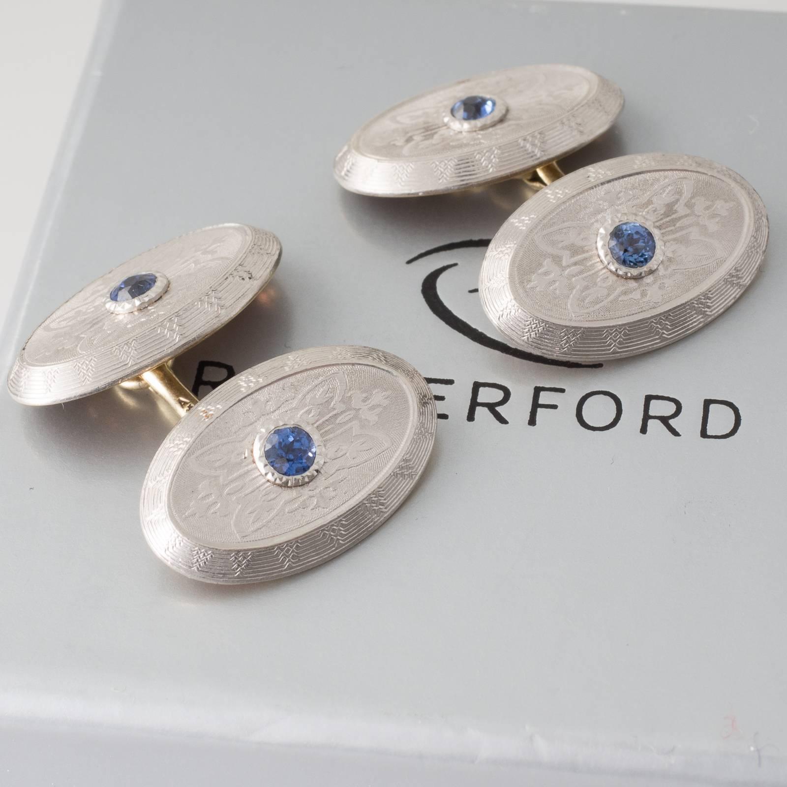 Antique Sapphire Platinum and Gold Oval Cufflinks In Excellent Condition In Melbourne, AU