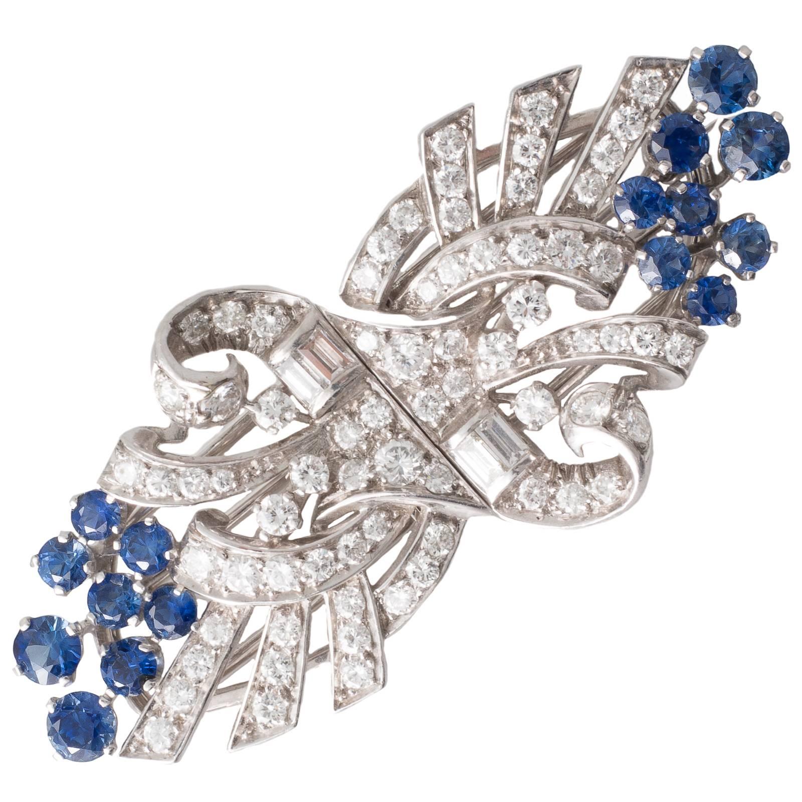 Diamond Sapphire and Platinum 1960s Cocktail Brooch and Dress Clips For Sale