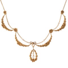 Antique French Gold and Seed Pearl Swag Necklace