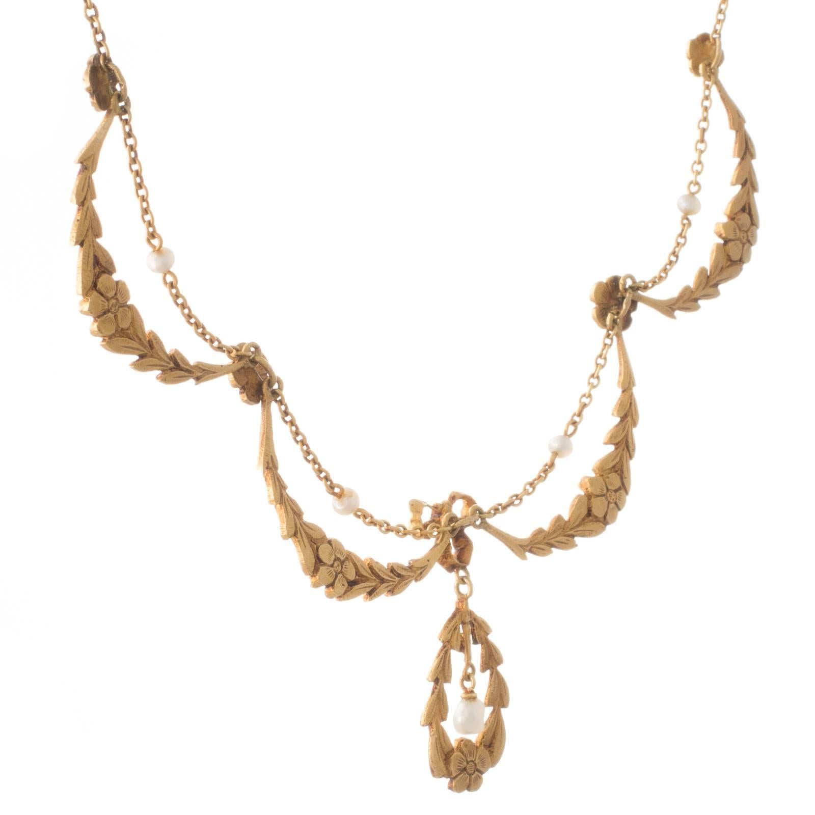 Art Nouveau Antique French Gold and Seed Pearl Swag Necklace