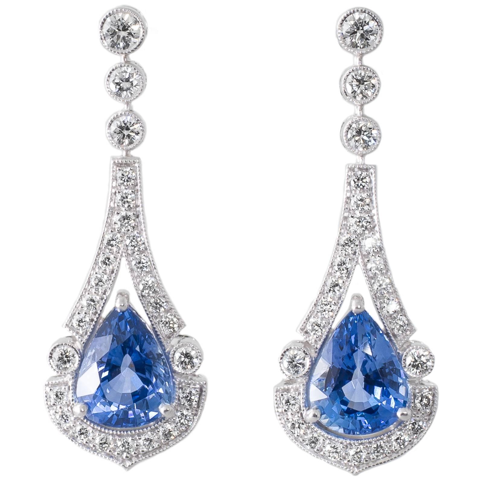 Sri Lankan Sapphire Diamond and White Gold Earrings