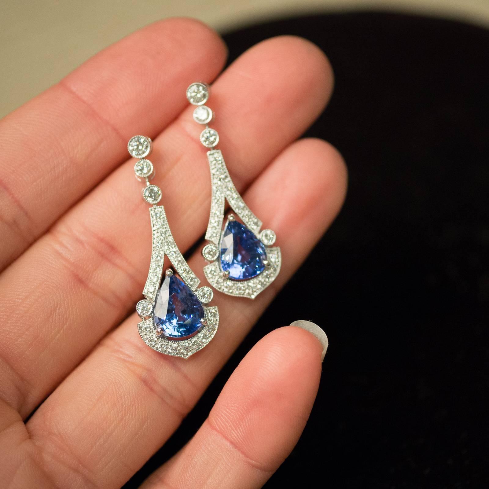 Sri Lankan Sapphire Diamond and White Gold Earrings 1