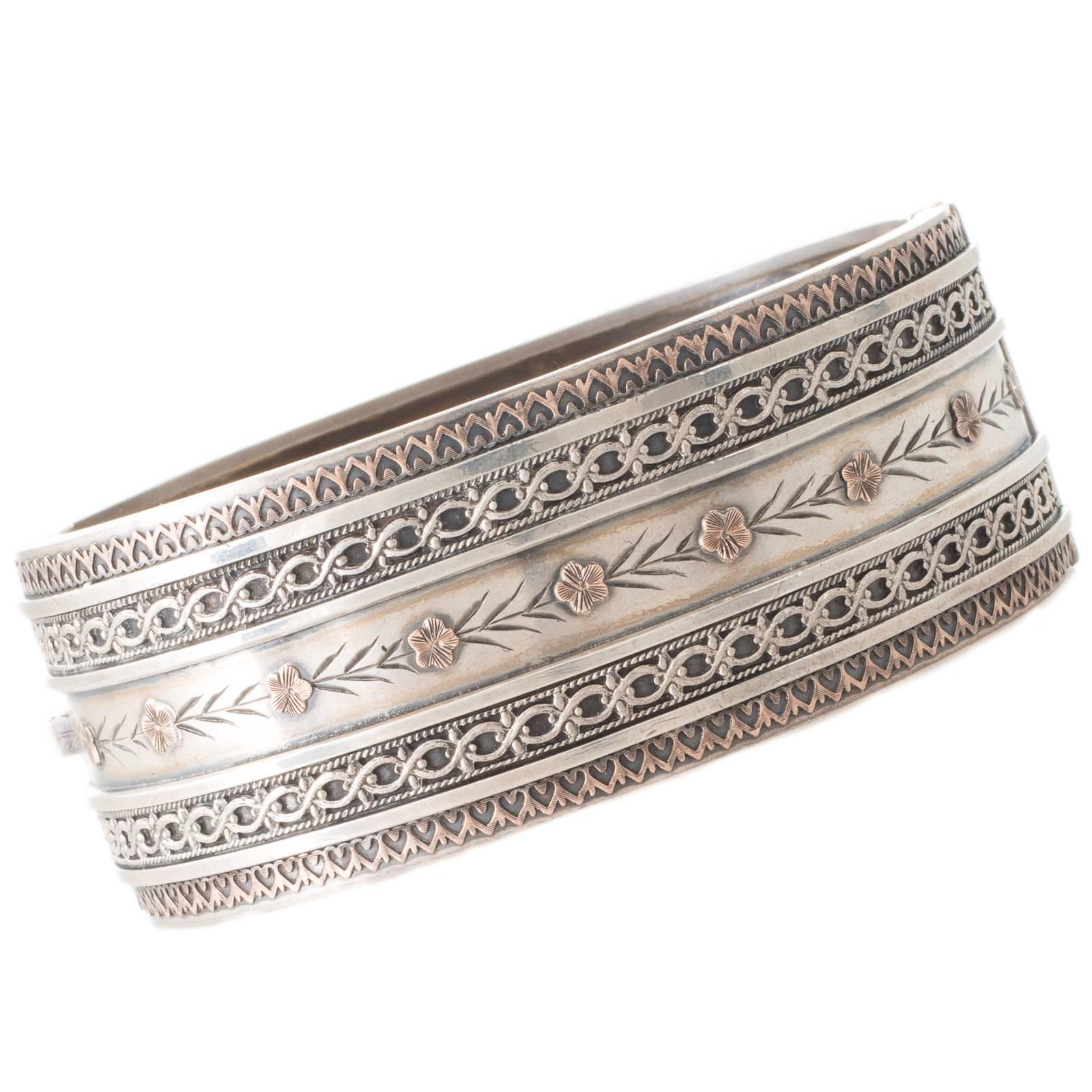 Victorian Sterling Silver and Rose Gold Wide Bangle For Sale