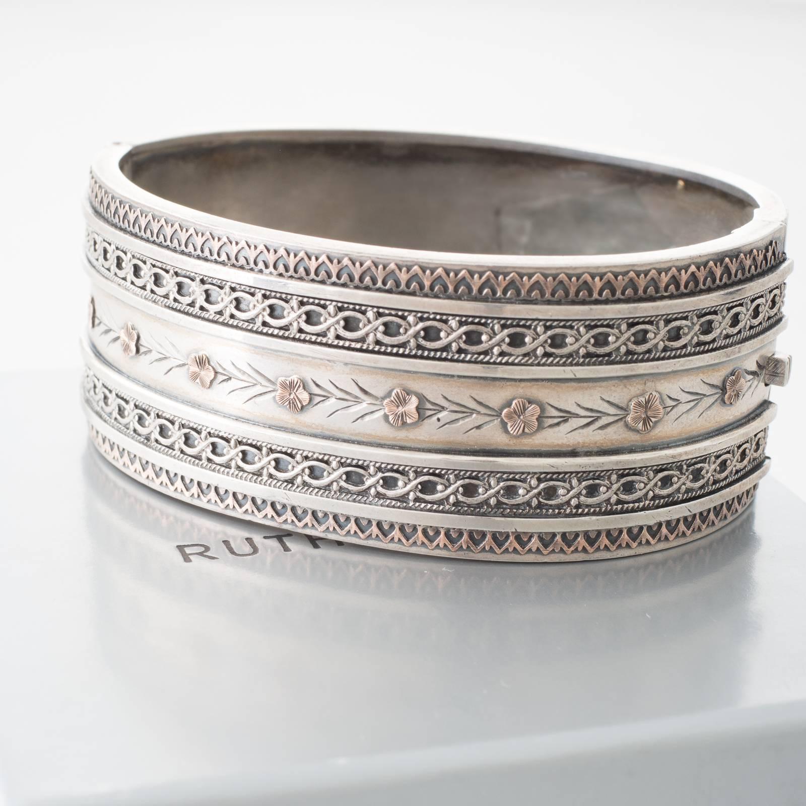 Victorian Sterling Silver and Rose Gold Wide Bangle For Sale 2