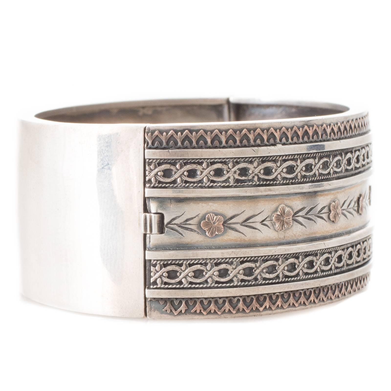 Women's Victorian Sterling Silver and Rose Gold Wide Bangle For Sale