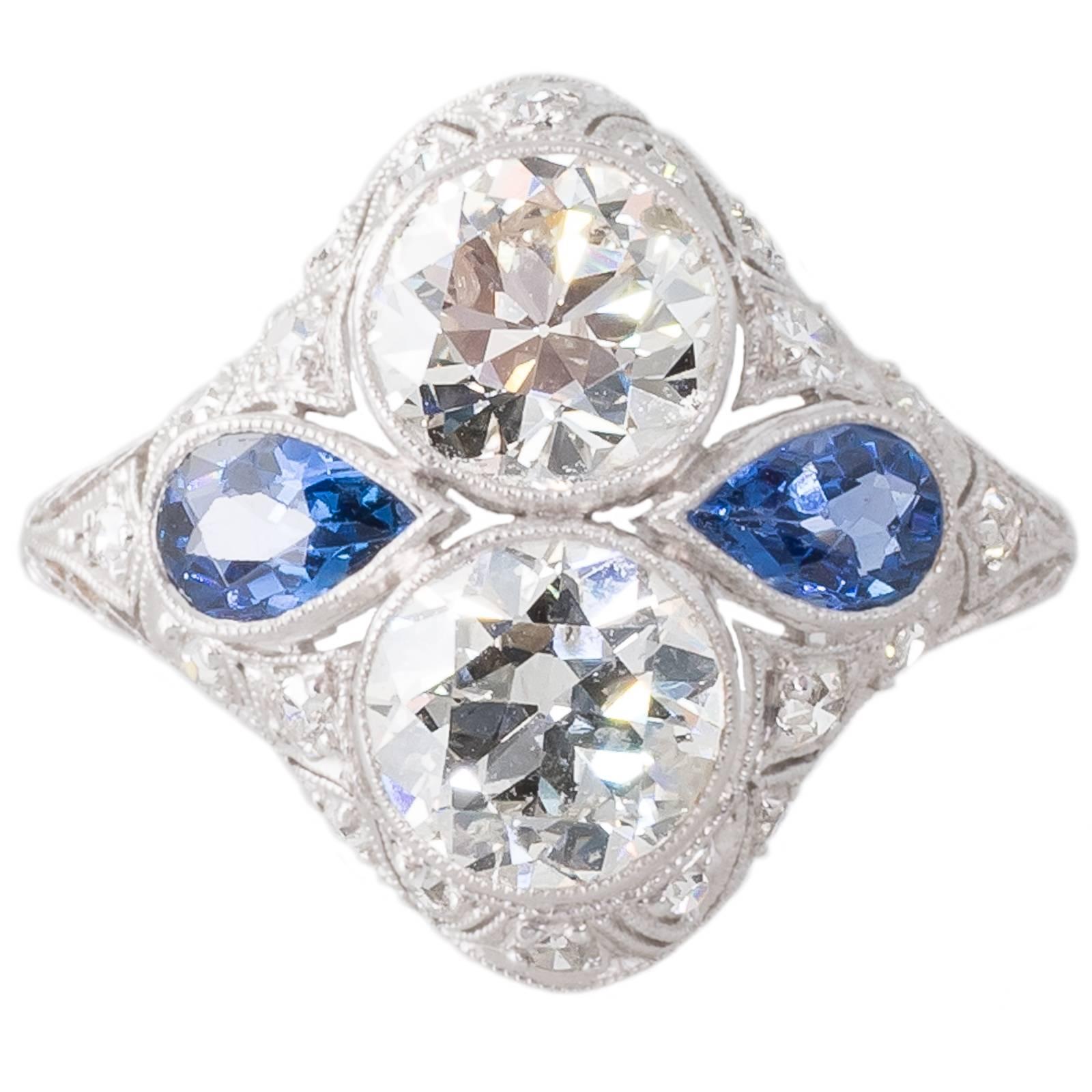 2.90 Carat Antique Diamond and Sapphire Art Deco Dinner Ring For Sale