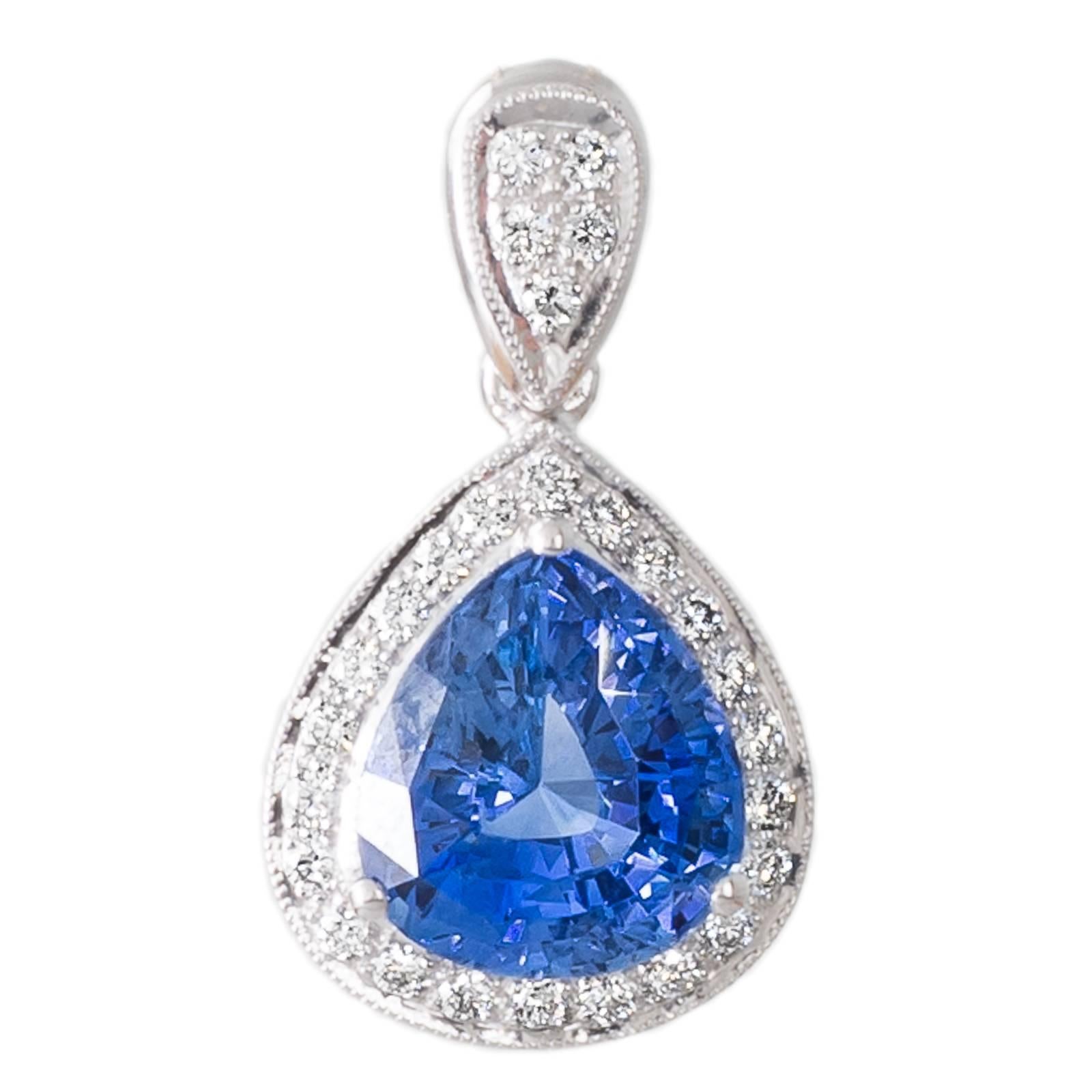 Pear Shaped Blue Sri Lankan Sapphire and Diamond Pendant with GIA Certificate For Sale