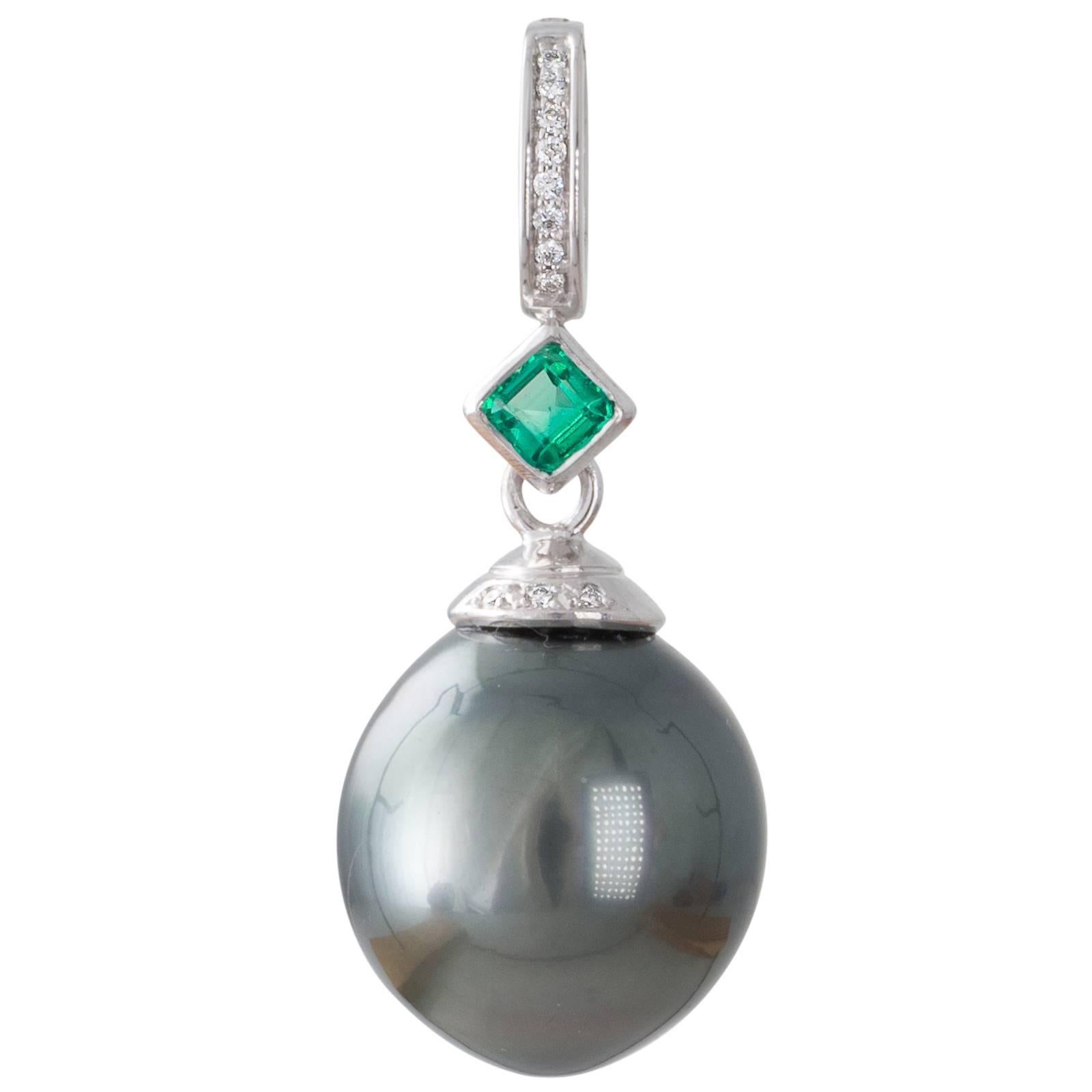Tahitian South Sea Pearl, Emerald and Diamond White Gold Enhancer Pendant For Sale