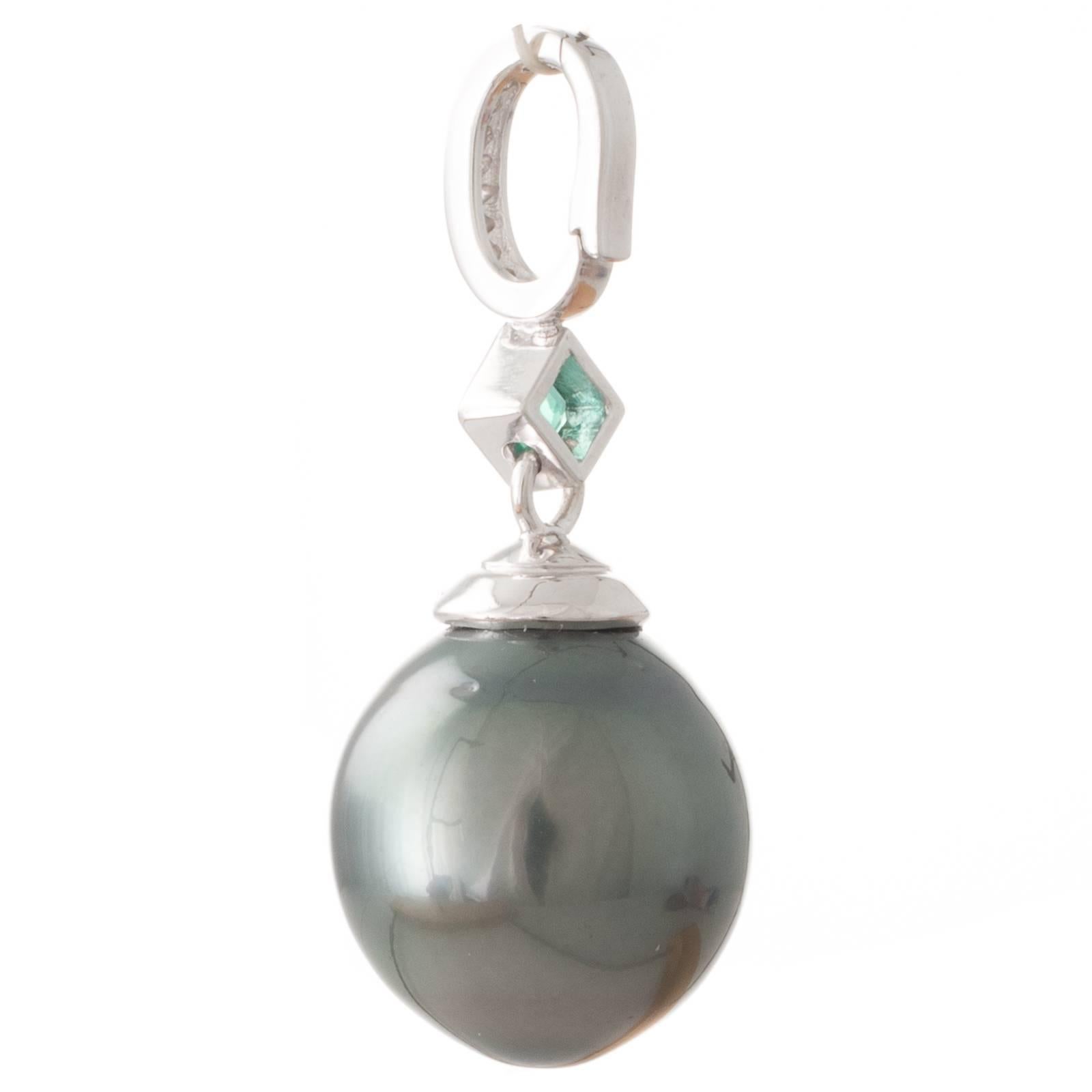 Asscher Cut Tahitian South Sea Pearl, Emerald and Diamond White Gold Enhancer Pendant For Sale