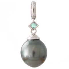 Tahitian South Sea Pearl, Emerald and Diamond White Gold Enhancer Pendant