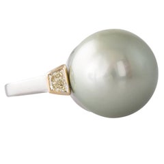 Pistachio Tahitian South Sea Pearl and Fancy Yellow Diamond White Gold Ring