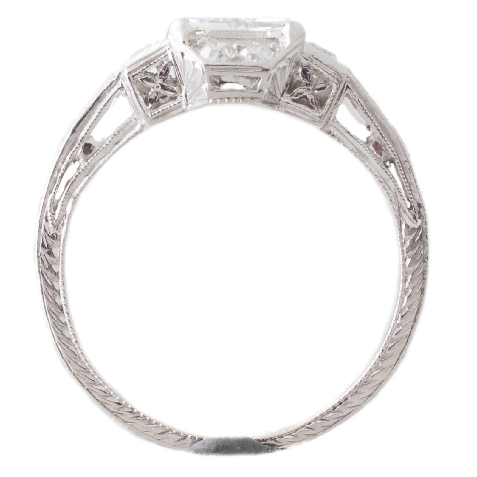 Art Deco 1.38 Carat Emerald Cut GIA Certified Diamond and Platinum Ring In Excellent Condition For Sale In Melbourne, AU