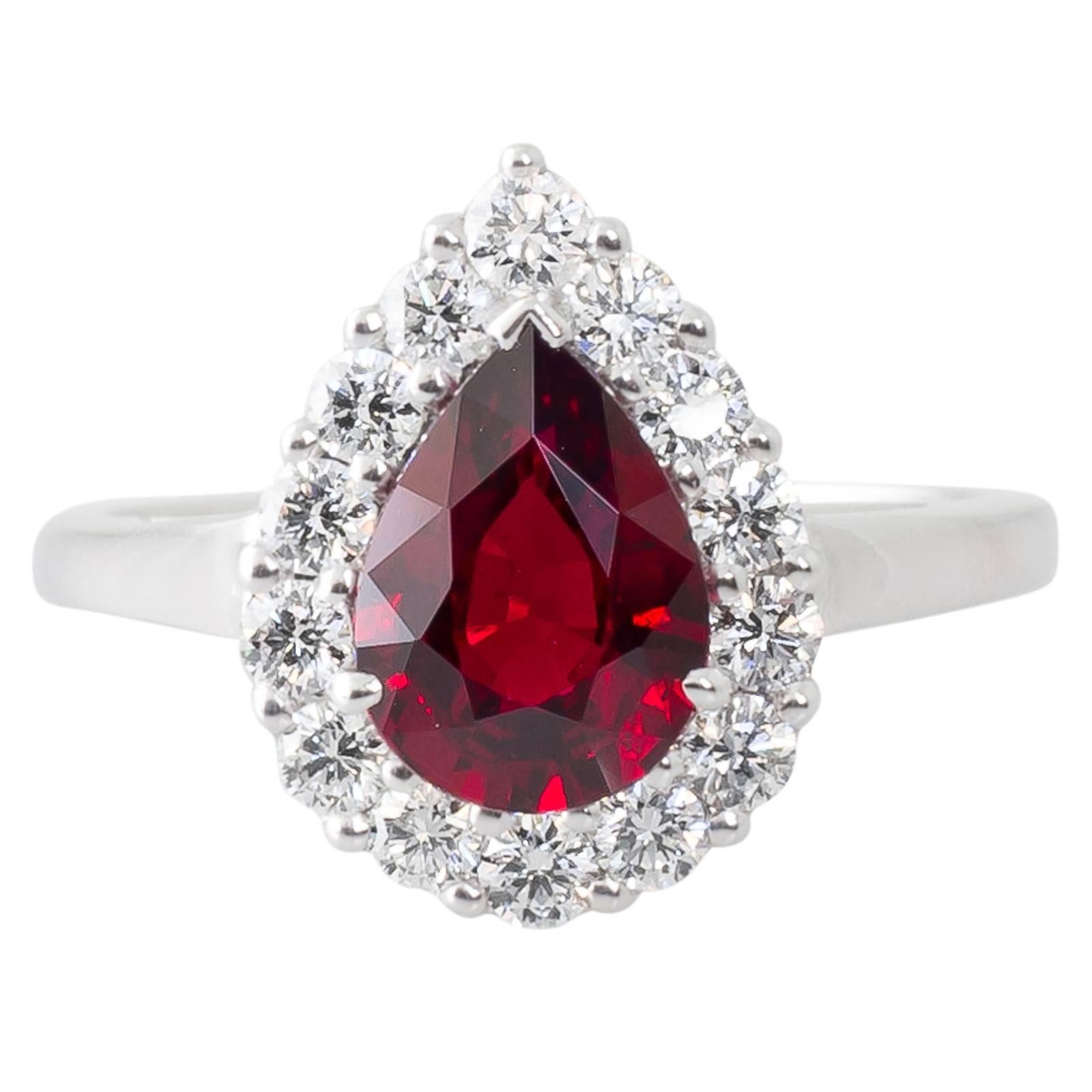Pear Shape 1.57 Carat Mozambique Ruby and Diamond Cluster Ring