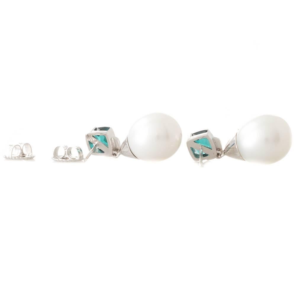 Cushion Cut Tourmaline and Australian White South Sea Pearl and Diamond Handmade Earrings For Sale