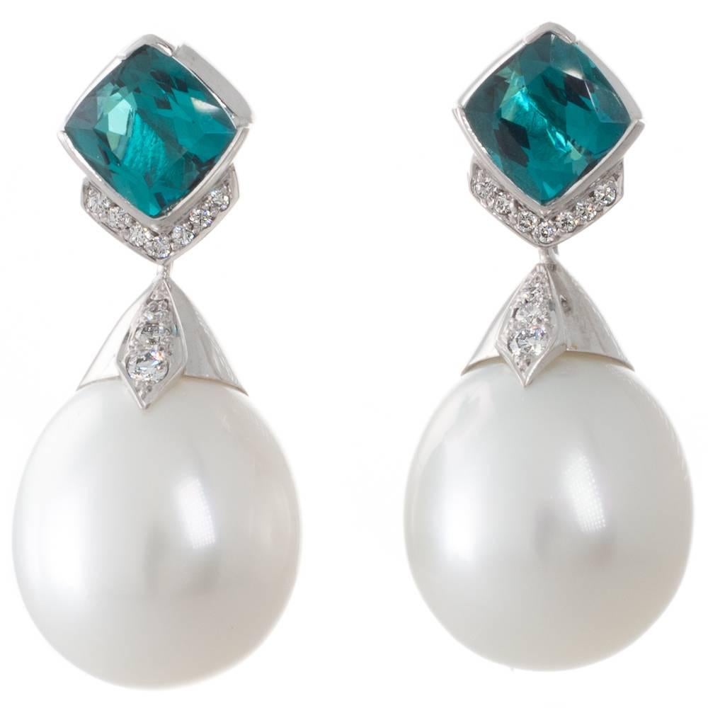 Tourmaline and Australian White South Sea Pearl and Diamond Handmade Earrings For Sale