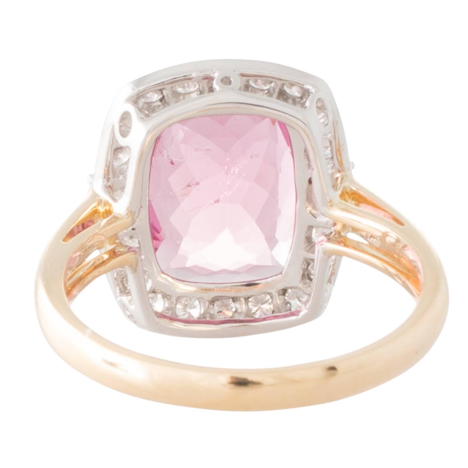 Pink Cushion Cut Tourmaline and Diamond Cluster Ring In New Condition In Melbourne, AU