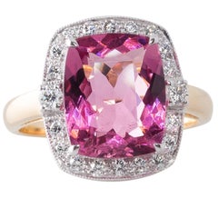 Pink Cushion Cut Tourmaline and Diamond Cluster Ring