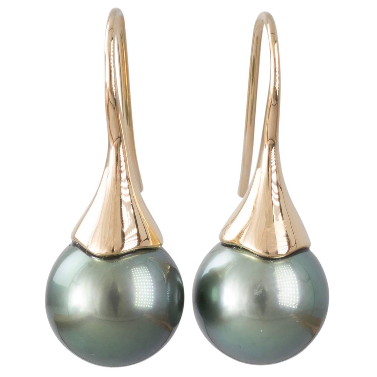 Tahitian South Sea Pearl and Yellow Gold Tulip Fixed Hook Earrings For Sale