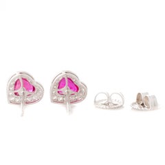 Heart Shaped GRS Certified Unheated Mozambique Ruby and Diamond Stud Earrings