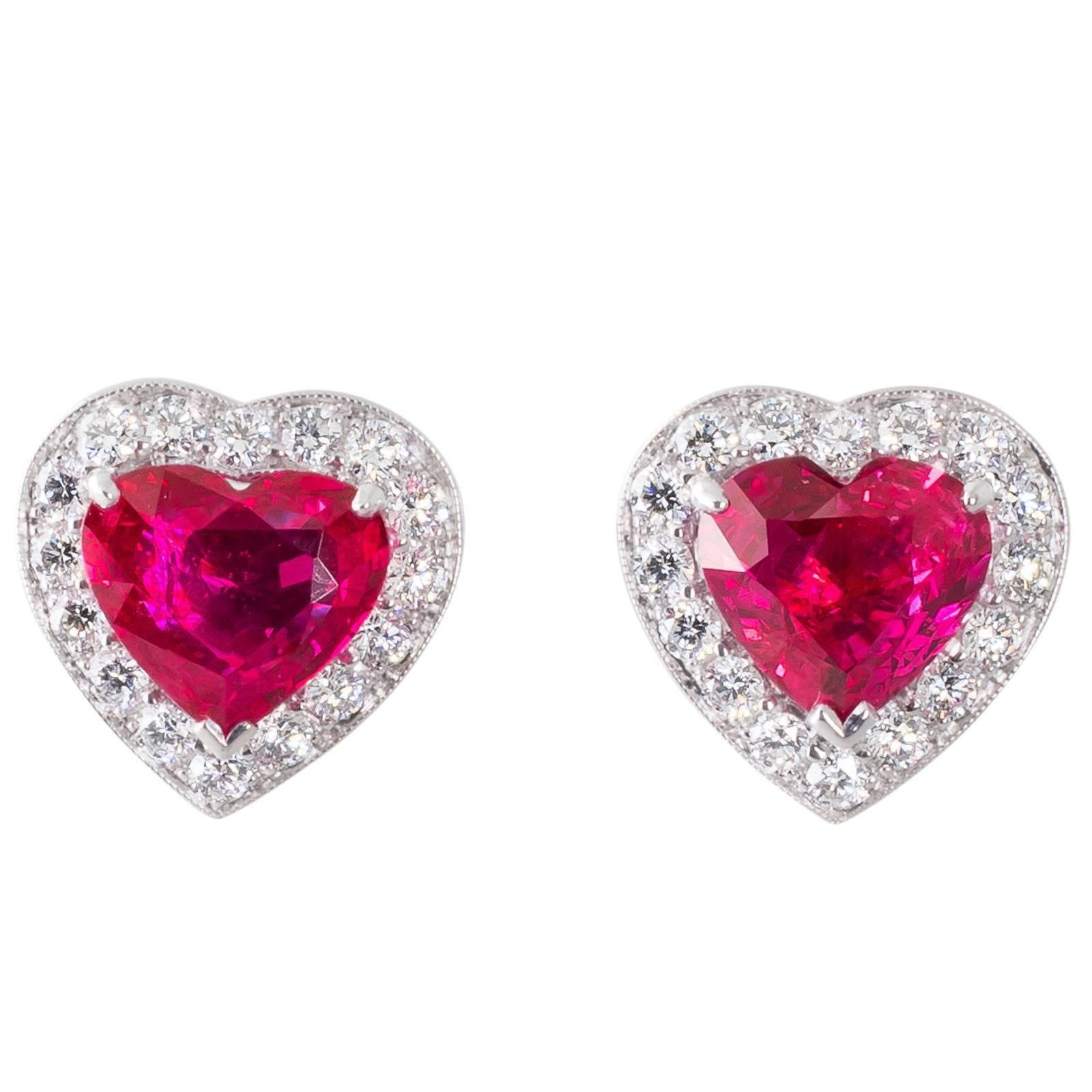 Heart Shaped GRS Certified Unheated Mozambique Ruby and Diamond Stud Earrings For Sale