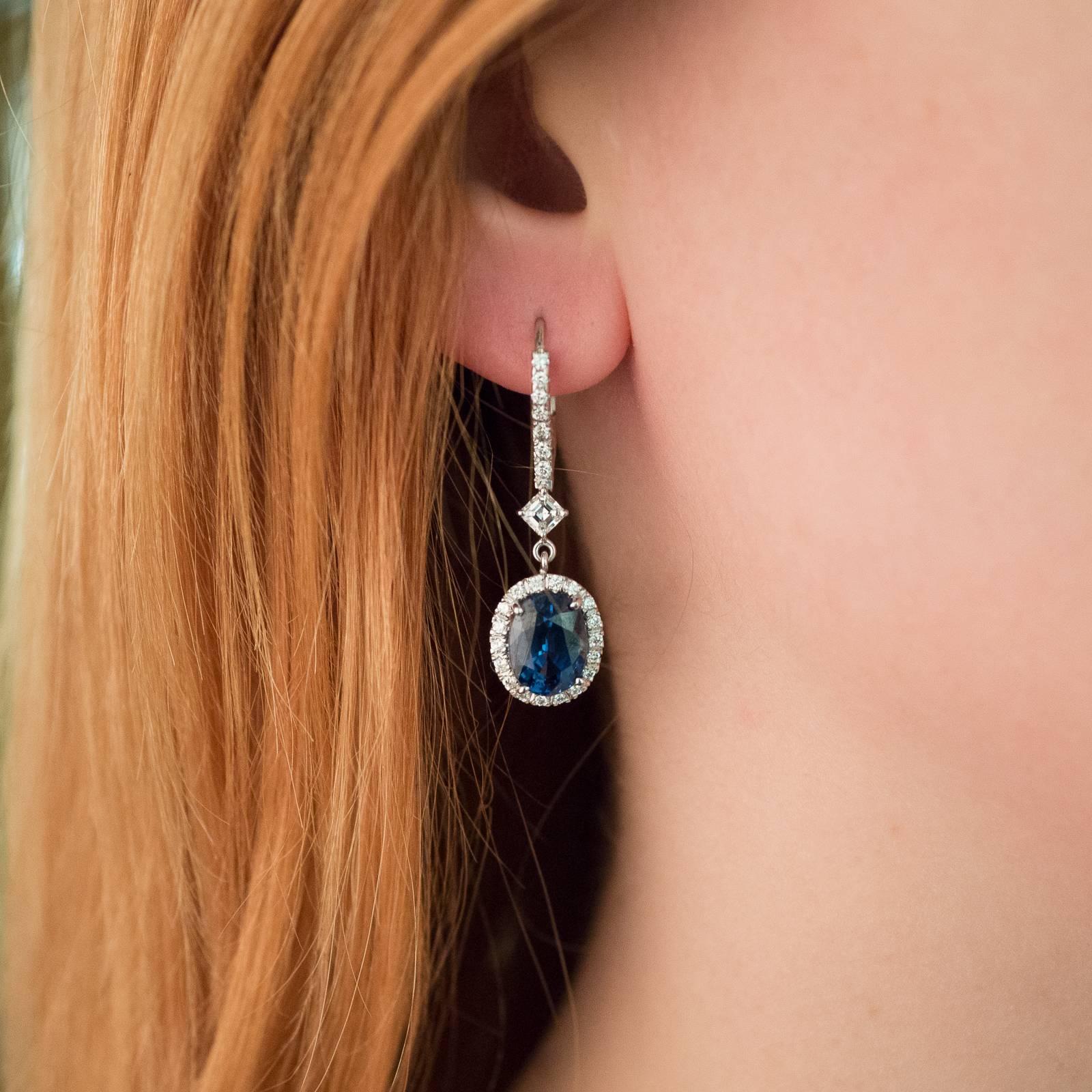 Women's Unheated Blue Oval Sapphire and Diamond Drop Earrings GIA Certified