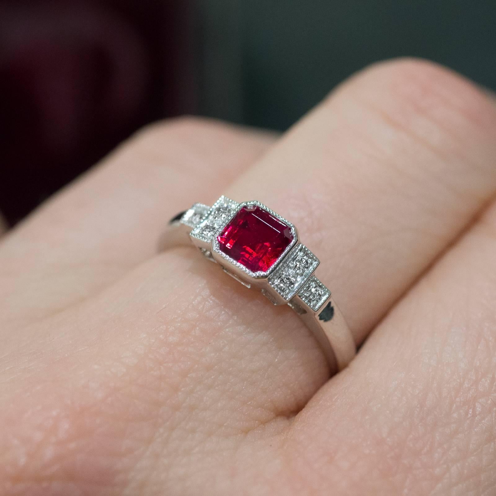 Square Cut Ruby and Diamond Ring In New Condition For Sale In Melbourne, AU