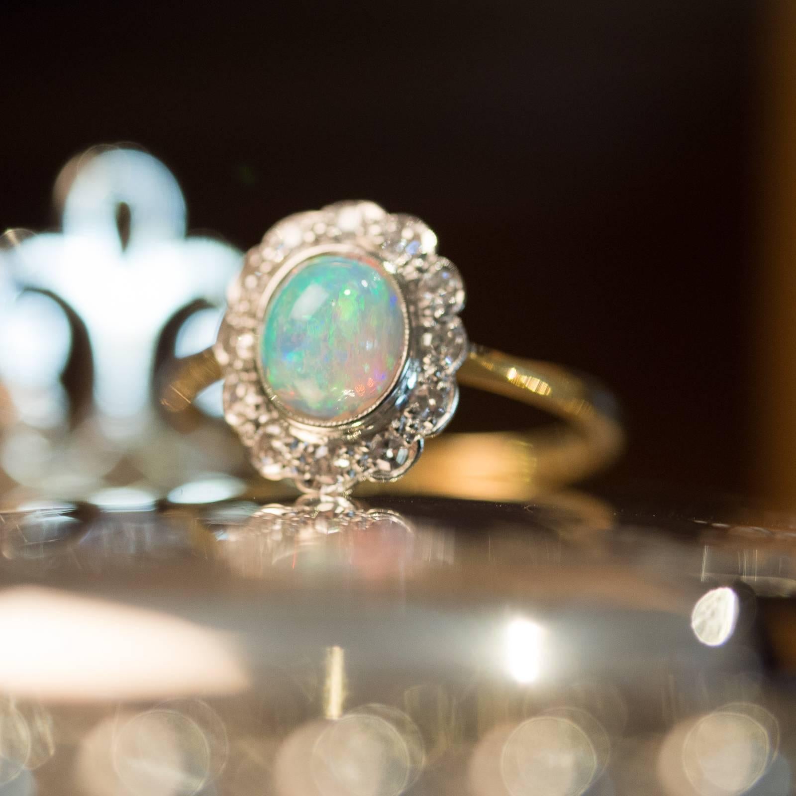 Antique Opal and Diamond Cluster Ring in Platinum and Gold In Excellent Condition In Melbourne, AU